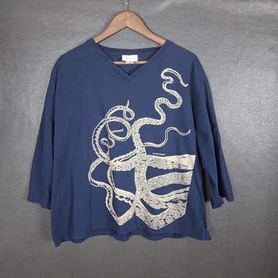 Marushka Shirt Womens 2XL Octopus Tentacles V Neck Cotton 3/4 Sleeve Navy Blue