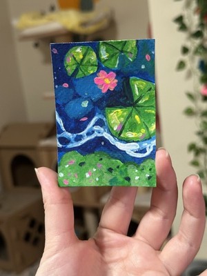 ACEO Original Lily pads, Floating water Lilypads 4 of 4, Gouache Art, 2.5x3.5