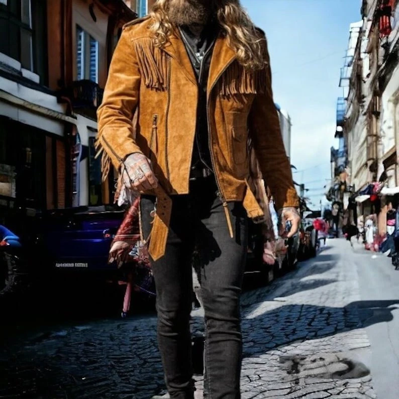 Men's Fringe Suede Leather Belted Jacket Western Style Cowboy Coat