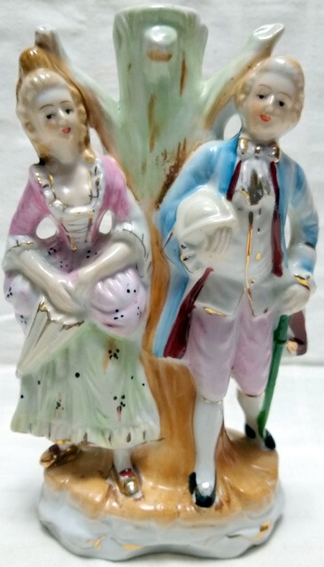 Vintage ART POTTERY LAMP BASE Colonial Couple GOLD TRIM Made In Japan