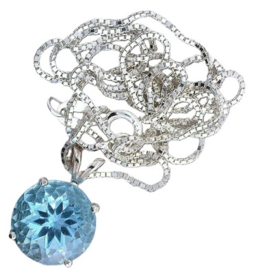 6.44 Carat Round  Blue Topaz Sterling Silver Pendant 20 Inch Box Chain EBS1090