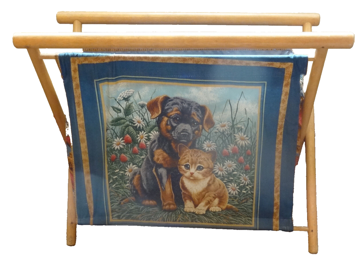 Vintage Knitting/Crafting Bag on Wooden Stand Cat Dog UK