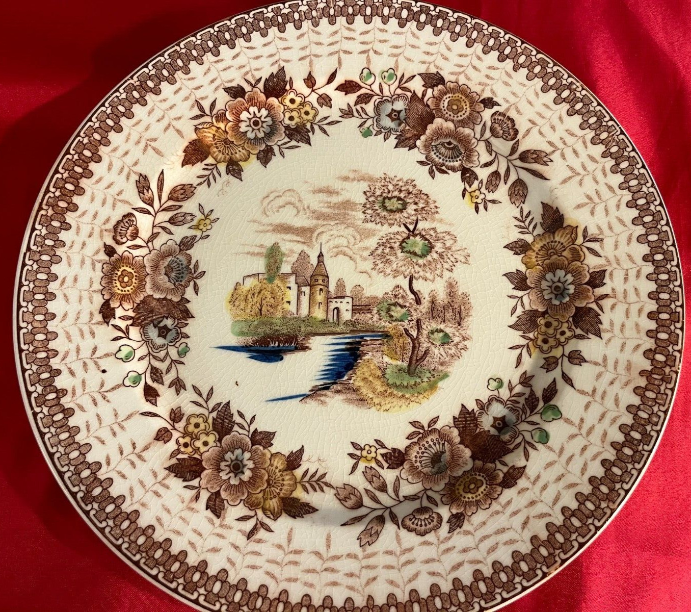 4 Extremely Rare Antique Brown 10 1/2 inch Plates with Villa