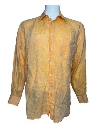 Large St Croix Mens 100 % Linen Button Up Casual Preppy Orange Long Sleeve Shirt - Picture 4 of 13