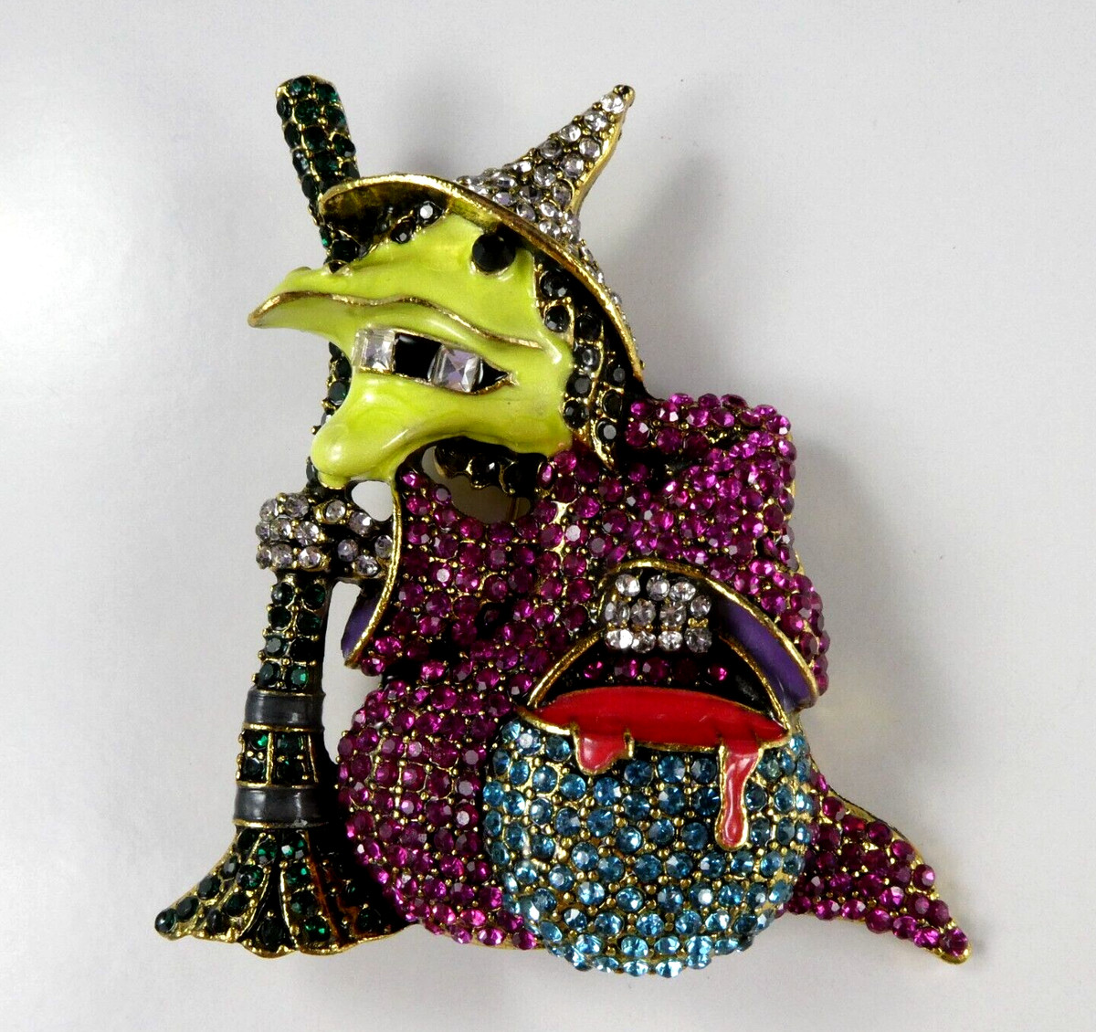 Bling WITCH Pin Brooch Rhinestone Crystal Witches Brew Pink Blue 3" Witch View 2