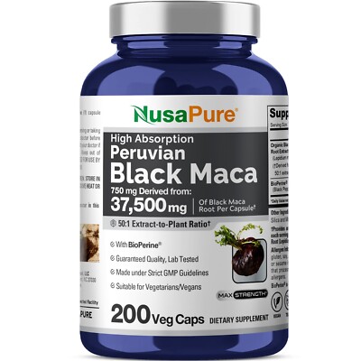 NusaPure Black Maca Root 50:1 Extract, 750 mg Equivalent to 37,500 mg 200 Veggie