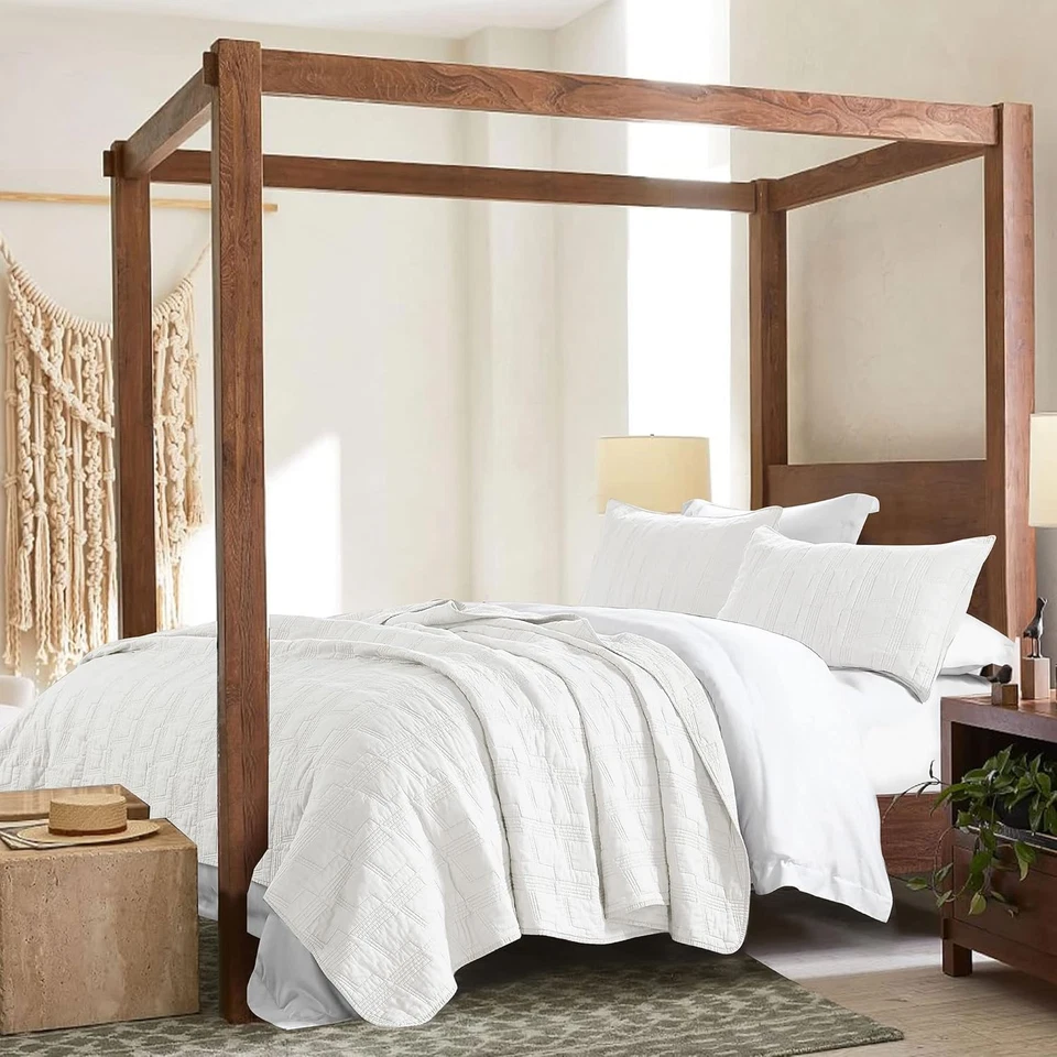 100% Cotton Quilt Set Queen Size, White Pre-Washed 3-Piece Bedspread Coverlet Se - Image 4 of 4