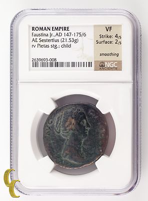 Roman Empire Faustina Jr. AD 147-175/6 AE Sestertius NGC VF Strike: 4/5 Sur: 2/5