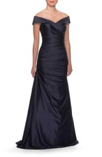 La Femme Navy Blue Off the Shoulder Ruched Satin Trumpet Gown Size 2 Orig 418
