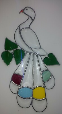 Stained Glass Peacock Bird Plant Stake  Handmade Window Art Beveled Rare