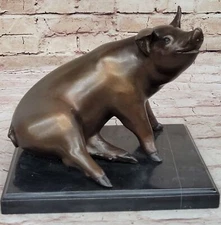 Bronze Art Deco Farm Decor Happy Pig Hand Made Detailed Statue Marble Figure Art