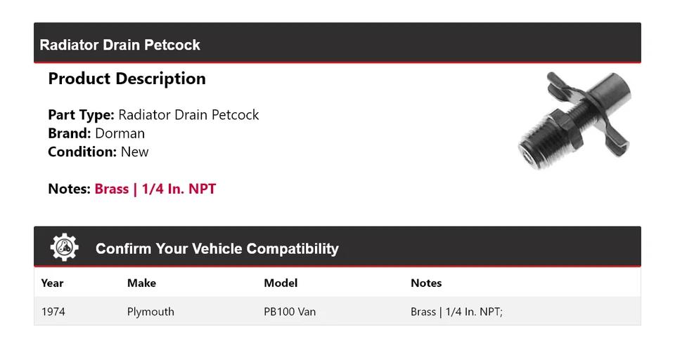 Para Plymouth PB100 1974 Van Dorman Radiador Drenaje Petcock Foto 2 de 4