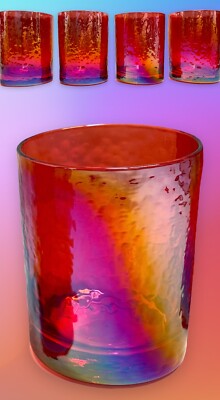 Zodax Iridescent Red Hammered Art Glass Barware Drinkware Rocks Glasses Cocktail