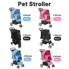 3/4-Wheel Dog Stroller Pet Travel Carriage W/Wheeler w/ Foldable Carrier Cart