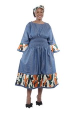 African Trim Smocked Denim Midi Dress w/ Patchwork, Pockets  Headwrap