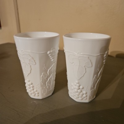 Set of 2 Indiana Colony Harvest Milk Glass Grape Leaves 4  tall Tumblers Glasses
