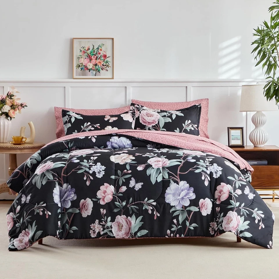 Luxuoso conjunto de edredom de microfibra floral preto e rosa - 90x90 polegadas tamanho queen - Imagem 3 de 4
