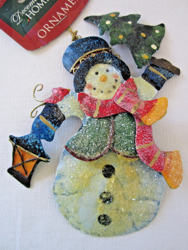 VTG SNOWMAN with LANTERN &  Tree METAL with Glitter Accents Christmas Ornament