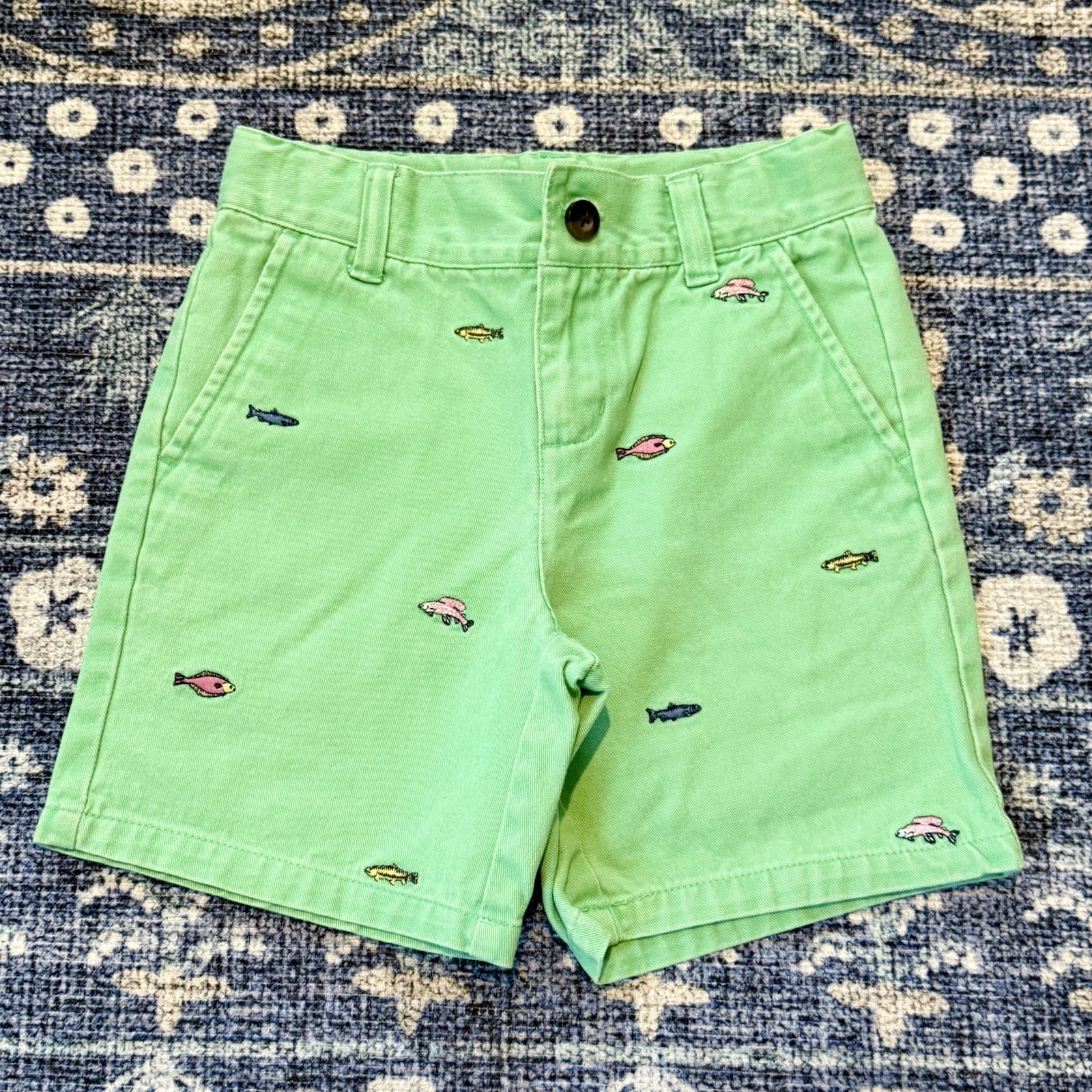 Janie and Jack Boys Size 5 Green Embroidered Nautical Shorts Fish Button Zip