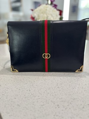 Gucci Navy Blue Shoulder Bag Green/Red Web Stripe GG Logo Gold Hardware Snap