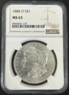 1888 O MS 63 Liberty Morgan Silver Dollar NGC Certified Graded Authentic