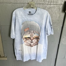The Mountain T Shirt Men Large Blue Tie Dye Short Sleeve Cat Beanie Moab Utah