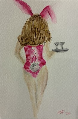 Playboy Bunny Cocktail Waitress Original Watercolor 4 x6  Not A Print-New!