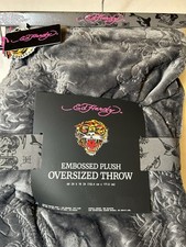 Ed Hardy Embossed Plush Oversized Throw Blanket Gray Tattoo NWT 60x70