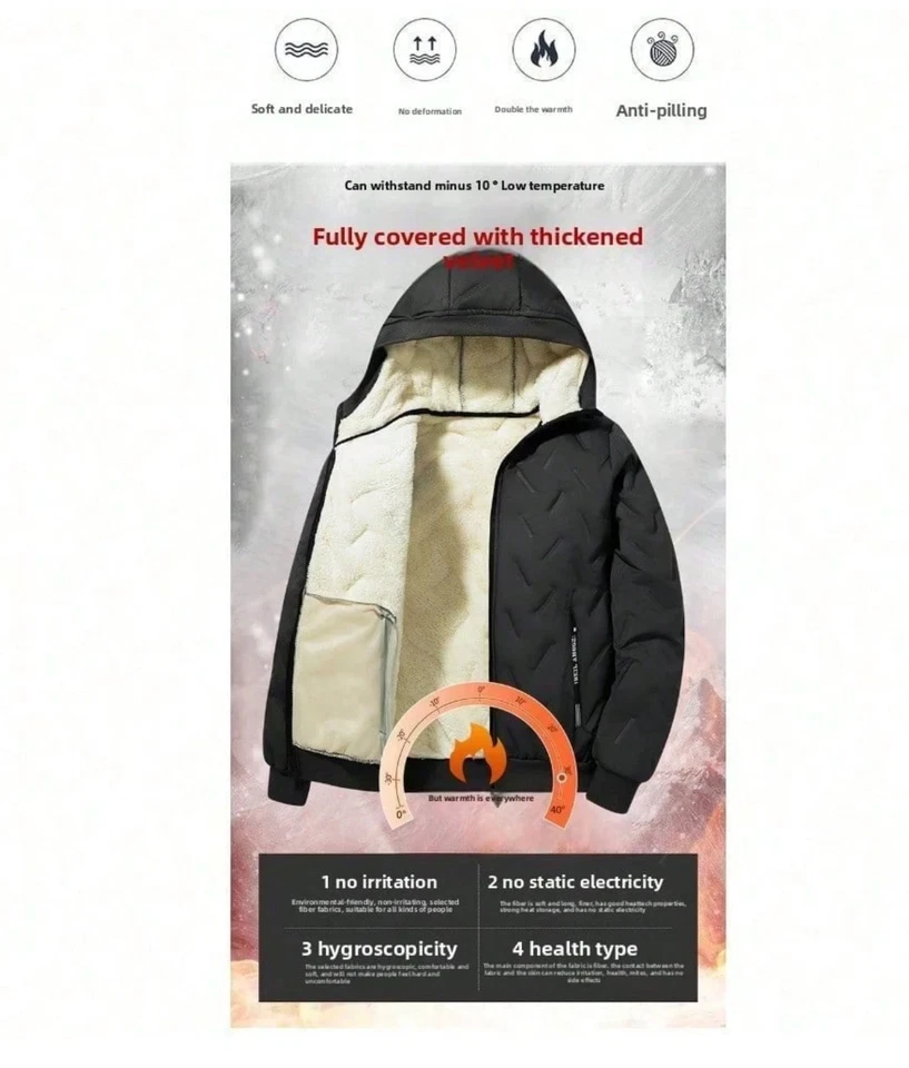 Conjunto de 3 piezas de lana de invierno para hombre chaqueta con capucha chaleco y pantalones cálidos de alta resistencia Foto 4 de 4