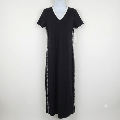 Calvin Klein Maxi Dress Tape Logo Womens Size M Black