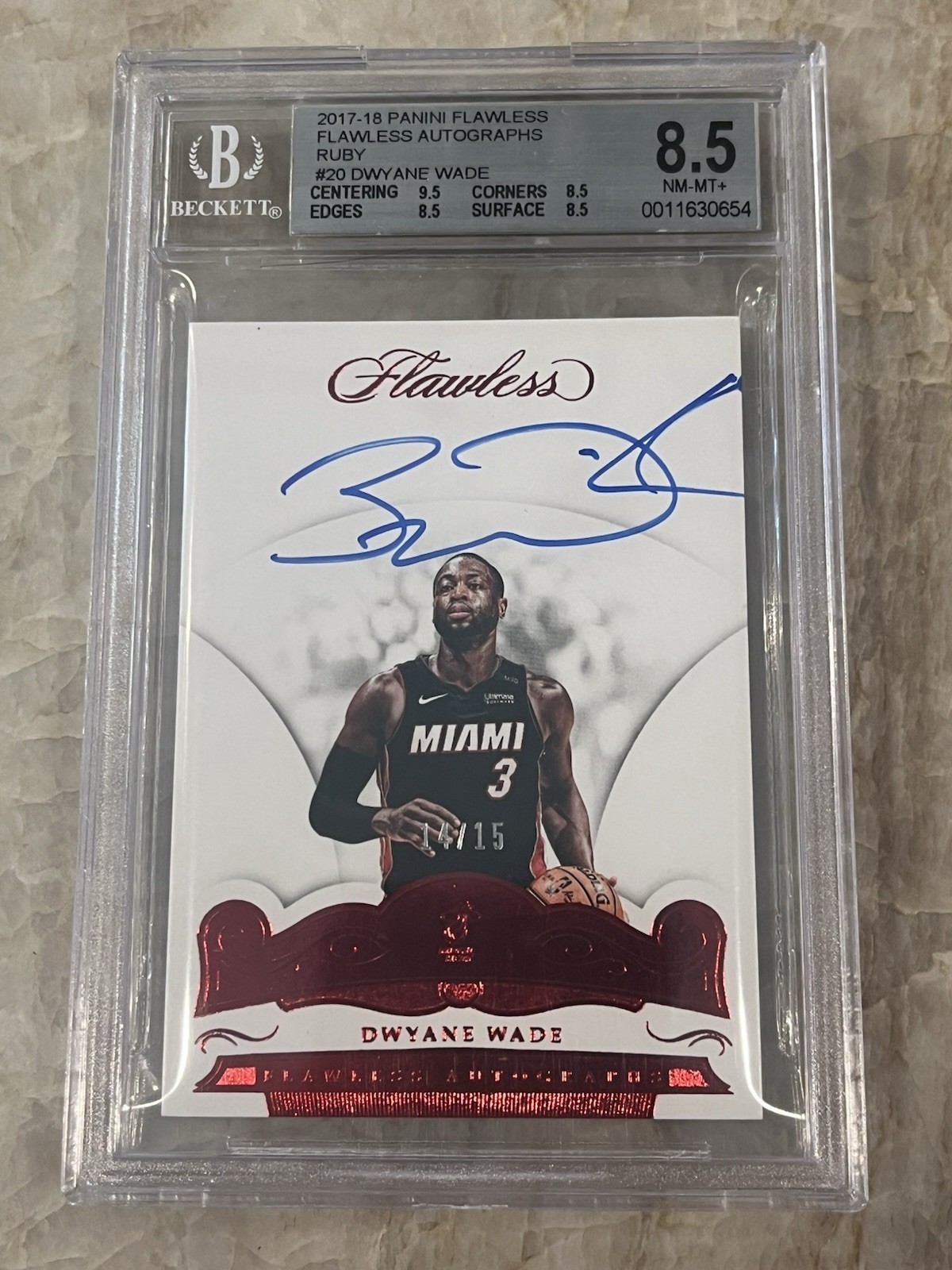 2017 Panini Flawless Dwyane Wade On Card Auto  #FA-DWD Ruby /15 BGS 8.5 Heat