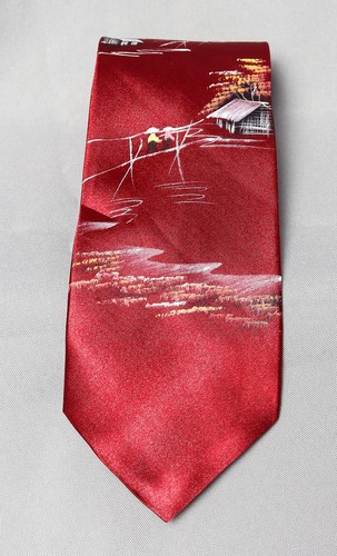 HAND PAINTED Vintage Silk Tie Red Asian Landscape Vietnam Silk Men Necktie #7406