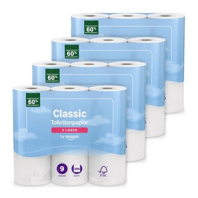 by Amazon Klassisches Toilettenpapier, 3-lagig, 36 9 Rolle (4er Pack), Weiß 