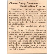 Cheese Co-op Commends Stabilization Program 1940 Racine WI Clipping SAH5-M1