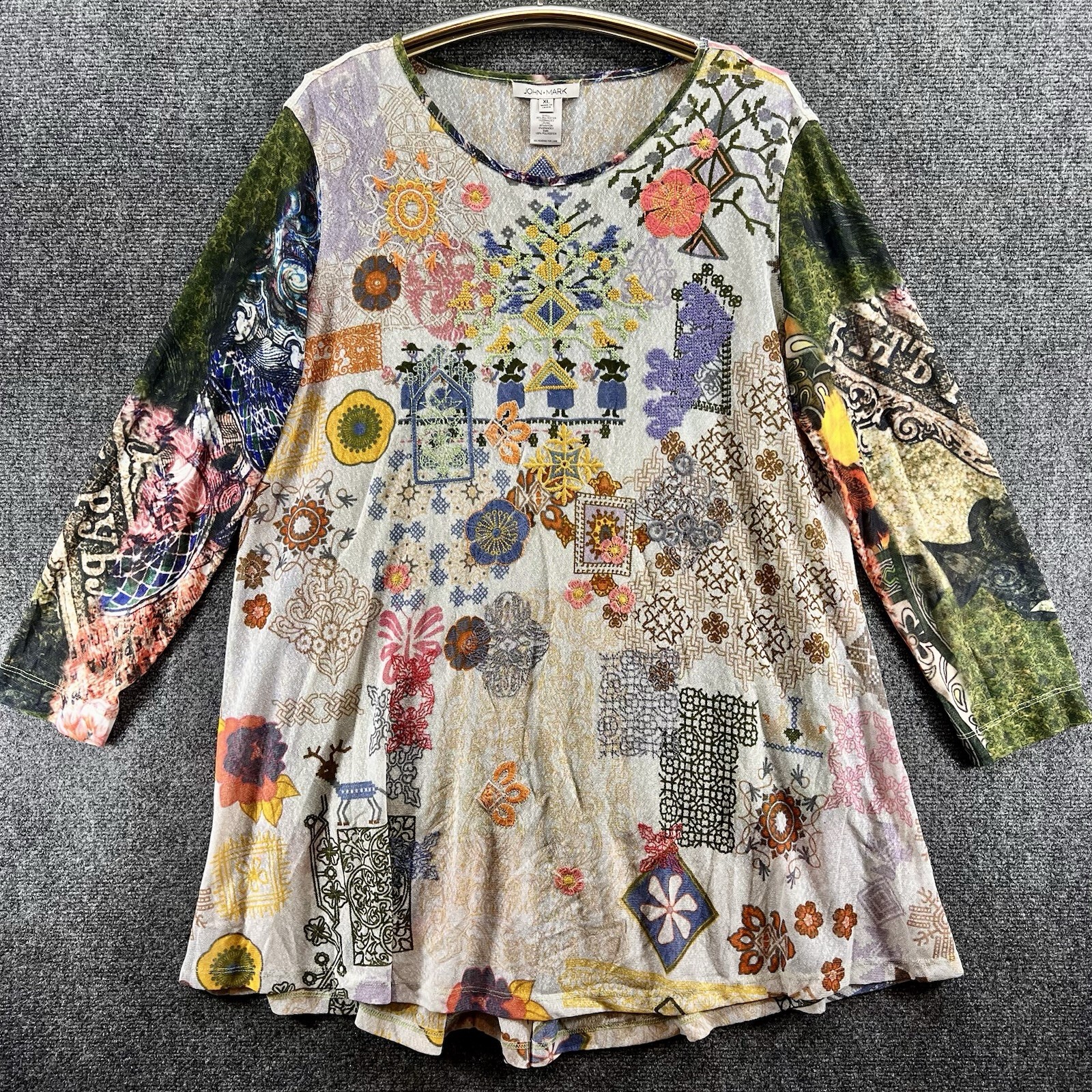 John Mark Sheer Mesh Floral Embroidered Tunic Top XL Multicolor Boho Cottagecore