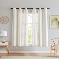 Beige White Stripe Farmhouse Curtains Semi-Sheer Rayon Blend Heavy Linen Text...