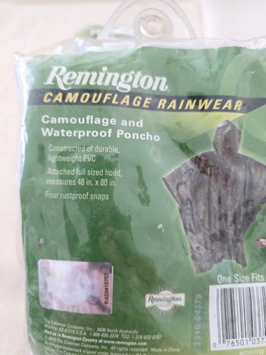 Remington Poncho Camouflage Rainwear PVC One Size Fits All Realtree - Picture 2 of 5