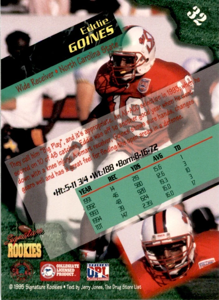 1995 Signature Rookies Eddie Goines . 1/39000 NC State Wolfpack #32 - Image 2 of 2