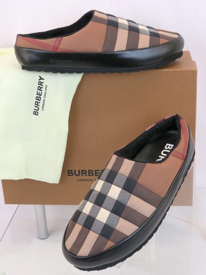 $620 ZAPATILLAS BURBERRY NORTHAVEN MARRÓN ACOLCHADO A CUADROS CUERO NEGRO LOGOTIPO 44 US 11