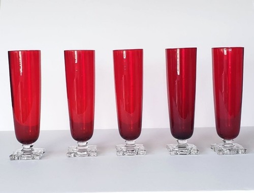 Vintage Seneca Slim Jim 903 Ruby Red Footed Pilsner Beverage Glass Vase Set of 5 - Picture 2 of 13
