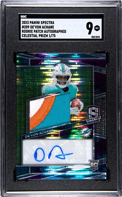 Devon Achane 2023 Panini Spectra No.209 #1/75Auto Relic Rookie SGC Graded 9 Card