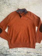 Chaps Ralph Lauren Pullover Mens Sz L Henley Orange Knit Sweater Elbow Patches