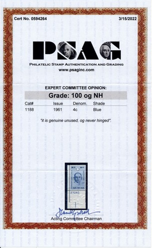 US 1188 4c 1961 Sun Yat-sen plate 27040 PSAG grade 100 NH plate single - Picture 3 of 3