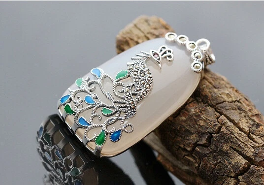 D10 Rimorchio Pfau Con Marcasite Su Bianco Calcedonio 925 Argento Sterling - Immagine 2 di 4