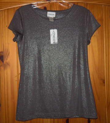 New CHICO'S Travelers GRAY / SILVER Liquid Shimmer Lined BREE TEE Shirt TOP 0