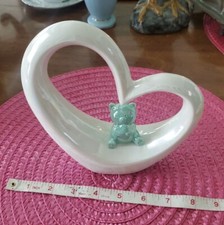 Iridescent White Porcelain Heart With Green Iridescent Bear Baby Room Decor