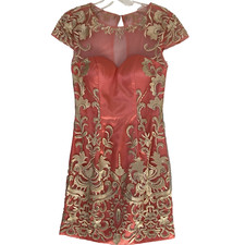 Rachel Allan Dress Embroidered Overlay Mini Sz 0 Coral Champagne Party Prom HOCO