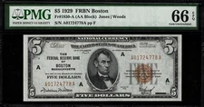 1929 $5 Federal Reserve Bank Note Boston - FR.1850-A - Graded PMG 66 EPQ