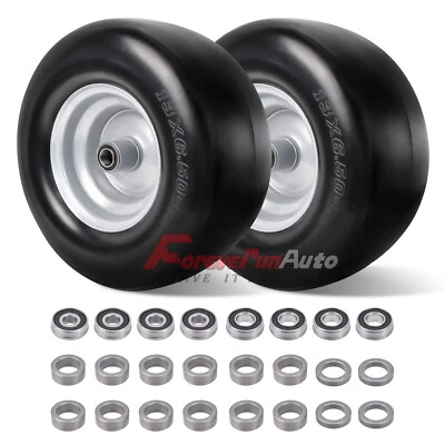 FOREVERUN AUTO 2pcs 13x6.5-6 Flat Free Wheel Tire Solid Smooth Lawn Mower,3/4" or 5/8" Bearing