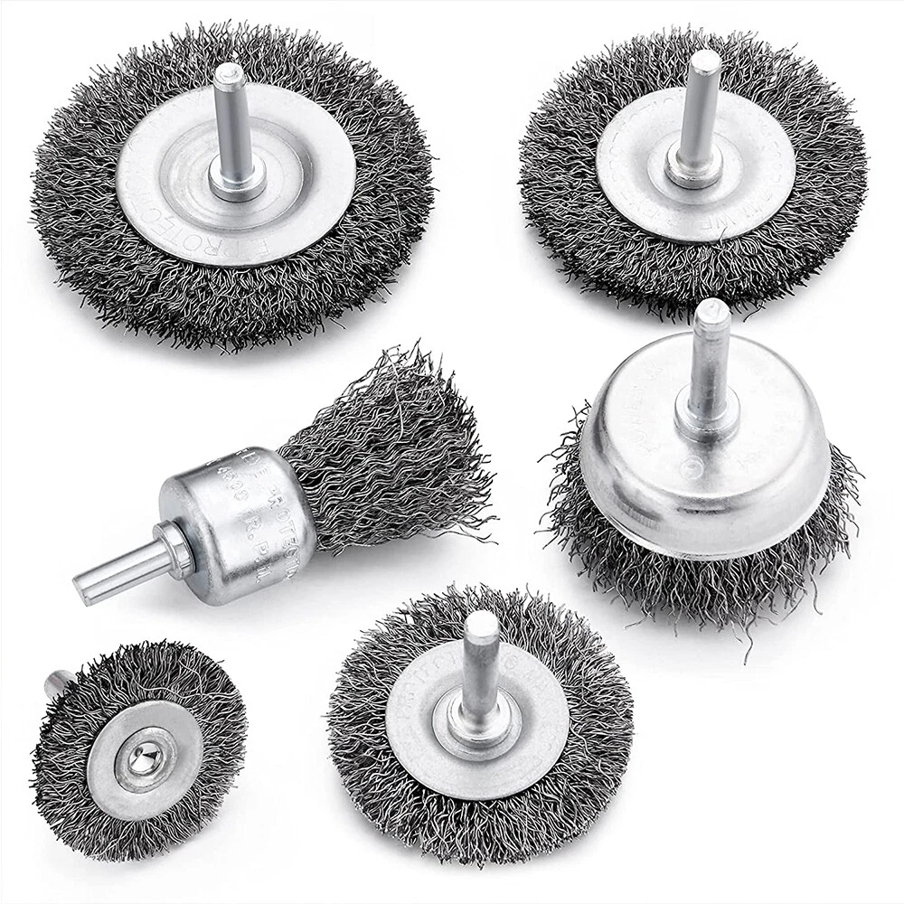 6PC Rotary Drill Wire Wheel Brush Cup Flat Crimped Metal Rust Sanding Attachment